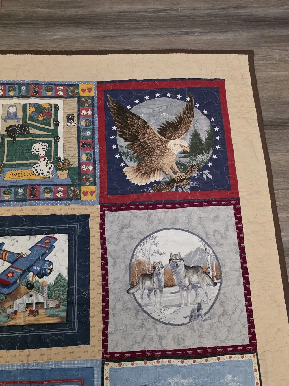 Vtg Handmade Wildlife Quilt Throw Rustic Cabin Lodge Decor, Deer Wolf Fox Animal